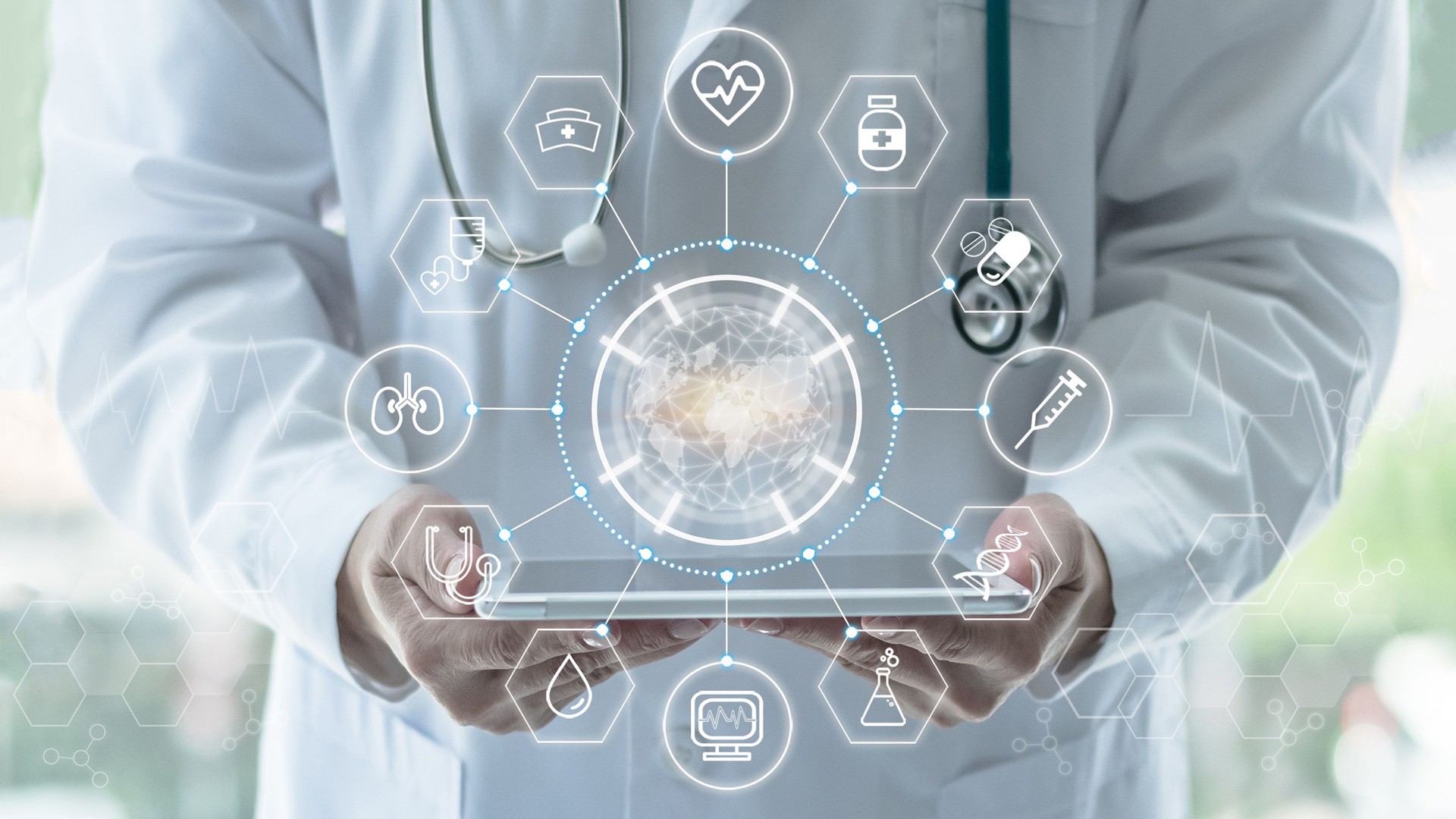 Medical tech science, innovative iot global healthcare ai technology, World health day with doctor on telehealth, telemedicine service analyzing online on EHR, EMR patient digita data on tablet in lab